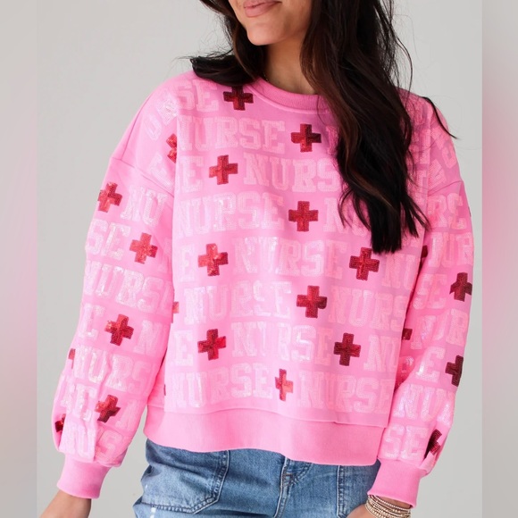 QUEEN OF SPARKLES Pink Sequin NURSE Allover Sweatshirt NWT - Picture 2 of 13